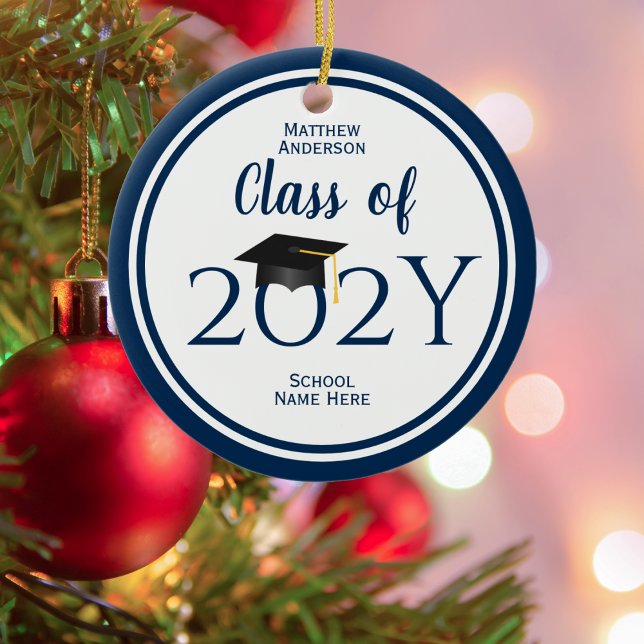 Modern Elegant Navy Blue Typography Graduation Ceramic Tree Decoration (Creator Uploaded)