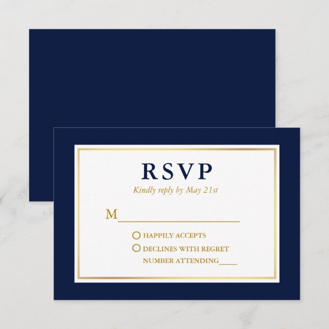 Modern Elegant Navy Blue White Gold RSVP Card (Front/Back)