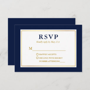 Modern Elegant Navy Blue White Gold RSVP Card