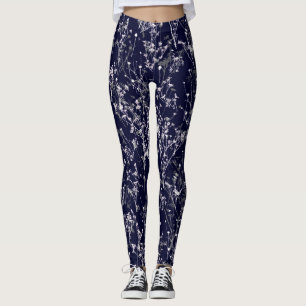Modern Elegant Navy Blue Wildflowers Leggings