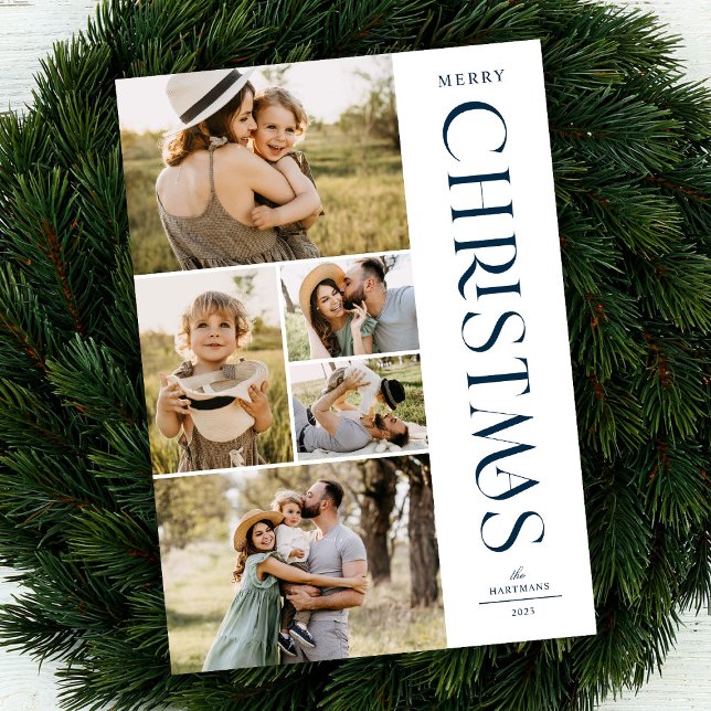 Modern Elegant Navy Five Photo Collage Christmas  Holiday Card (Creator Uploaded)