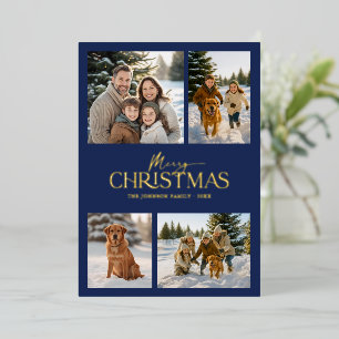 Modern Elegant Navy Merry Christmas Family Photo Foil Holiday Card