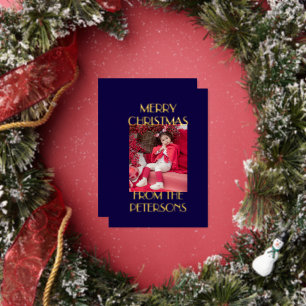 Modern Elegant Navy Merry Christmas Photo Gold Foil Holiday Card