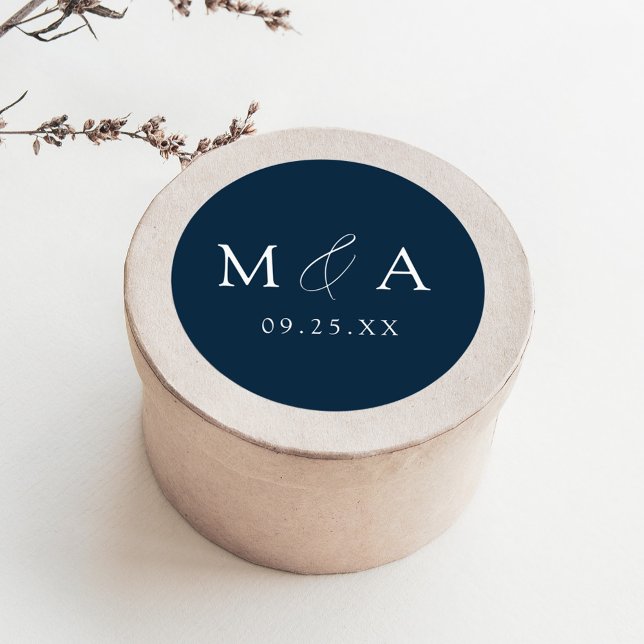 Modern Elegant Navy Monogram Wedding Classic Round Sticker (Creator Uploaded)
