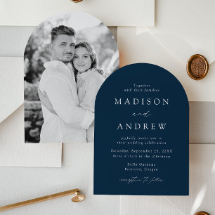 Modern Elegant Navy Photo Arch Wedding Invitation
