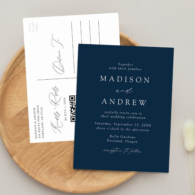Modern Elegant Navy QR Code Wedding Invitation Postcard (Creator Uploaded)