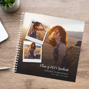 Modern Elegant Navy Script Photo Graduation Guest Notebook