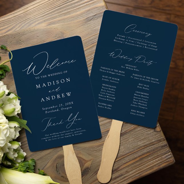 Modern Elegant Navy Wedding Program Hand Fan (Creator Uploaded)