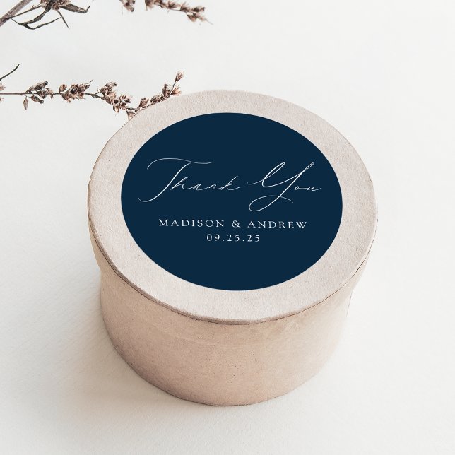Modern Elegant Navy Wedding Thank You Classic Round Sticker (Creator Uploaded)