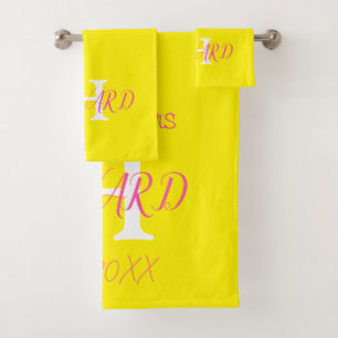 Modern Elegant Neon Yellow Pink Wedding Bath Towel Set