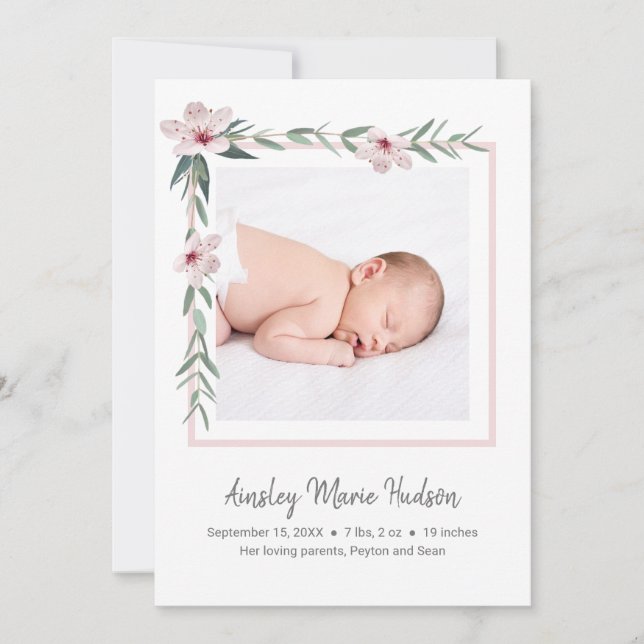 Modern Elegant New Baby Girl Photo Birth Announcement (Front)