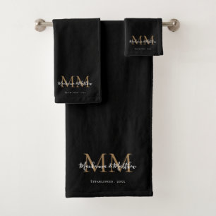 Modern Elegant Newlywed Black Gold Monogram Name Bath Towel Set