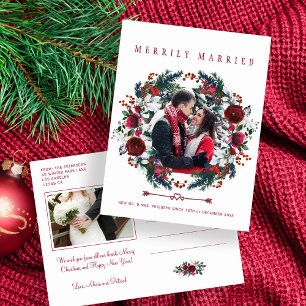 Modern elegant newlyweds couple Christmas photo Holiday Postcard