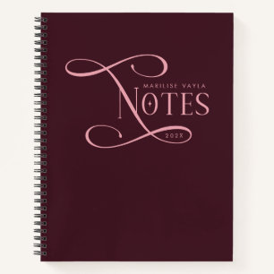 Modern Elegant Notes Personalized Burgundy Pink Notebook