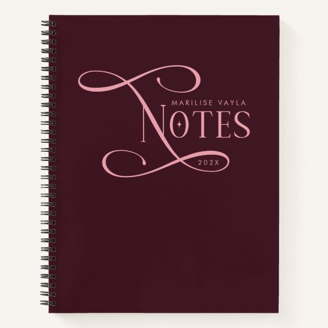 Modern Elegant Notes Personalized Burgundy Pink Notebook (Front)