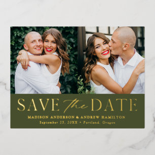 Modern Elegant Olive Green 2 Photo Save the Date Foil Invitation Postcard