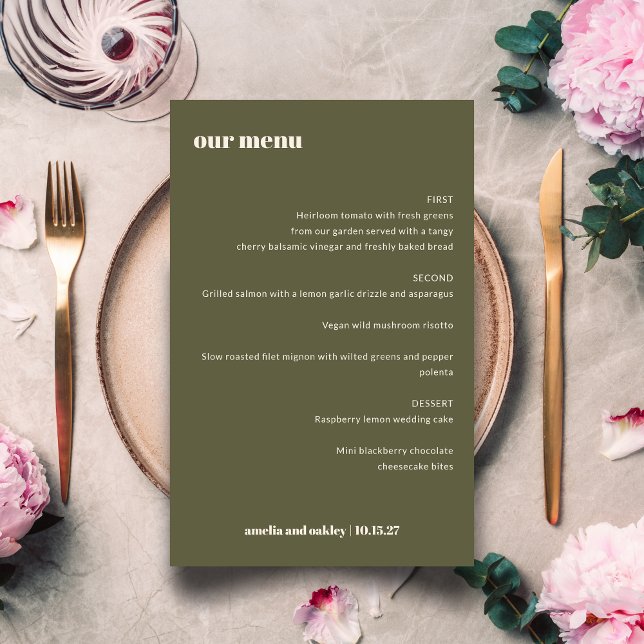 Modern Elegant Olive Green Custom Wedding Menu (Creator Uploaded)