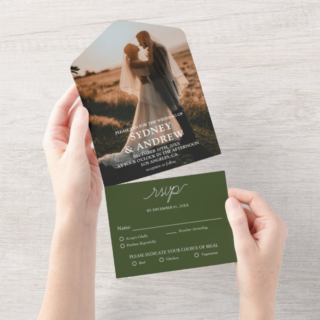 Modern Elegant Olive Green Photo RSVP Wedding All In One Invitation (Tearaway)