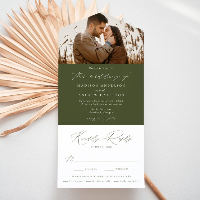 Modern Elegant Olive Green Photo Wedding All In One Invitation (Creator Uploaded)