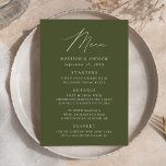 Modern Elegant Olive Green Wedding Menu<br><div class="desc">Simple and elegant wedding menu featuring "Menu" displayed in a modern white script with an olive green background or colour of your choice. Personalise the olive green wedding menu by adding your names,  wedding date,  and menu information. Designed to coordinate with our Modern Elegance wedding collection.</div>