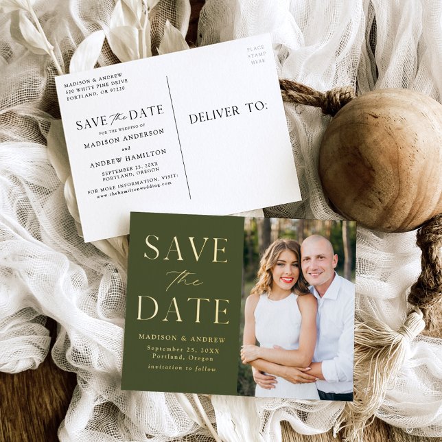 Modern Elegant Olive Green Wedding Save the Date Foil Invitation Postcard (Creator Uploaded)