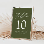 Modern Elegant Olive Green Wedding Table Number<br><div class="desc">Trendy, minimalist wedding table number cards featuring white lettering with "Table" in modern calligraphy script. The design features an olive green background or a colour of your choice. The design repeats on the back. To order the table cards: add your name, wedding date, and table number. Add each number to...</div>