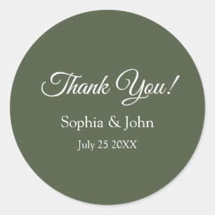 Modern Elegant Olive Green Wedding Thank You Classic Round Sticker