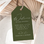 Modern Elegant Olive Green Wedding Welcome Gift Tags<br><div class="desc">These elegant calligraphy wedding welcome gift tags are perfect for both casual and formal weddings. The design features a modern white calligraphy script with an olive green background or colour of your choice. Personalise the olive green wedding welcome gift tags with a short welcome message, your names, etc. The minimalist...</div>