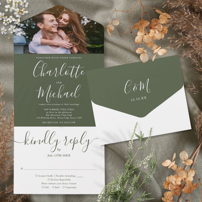 Modern Elegant Olive Script Photo Wedding All All In One Invitation (Modern Elegant Olive Script Photo Wedding All In One Invitation)