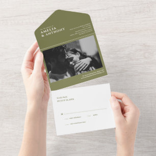 Modern Elegant Olive simple 1 Photo RSVP Wedding All In One Invitation