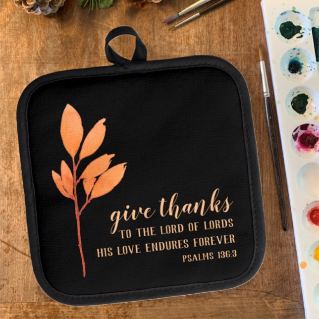 Modern Elegant Original Watercolor Thanksgiving Pot Holder (Thanksgiving hot pad. Give Thanks Bible verse custom text.  Modern original orange watercolor leaf.)