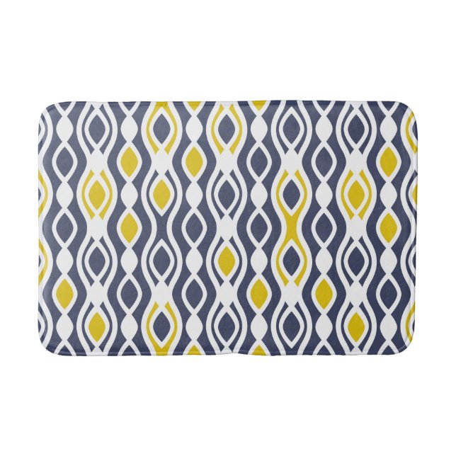 Modern, elegant, ornament, navy blue, yellow white bath mat (Front)