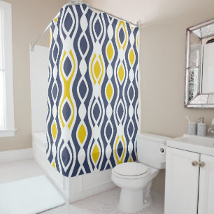 Modern, elegant, ornament, navy blue, yellow white shower curtain