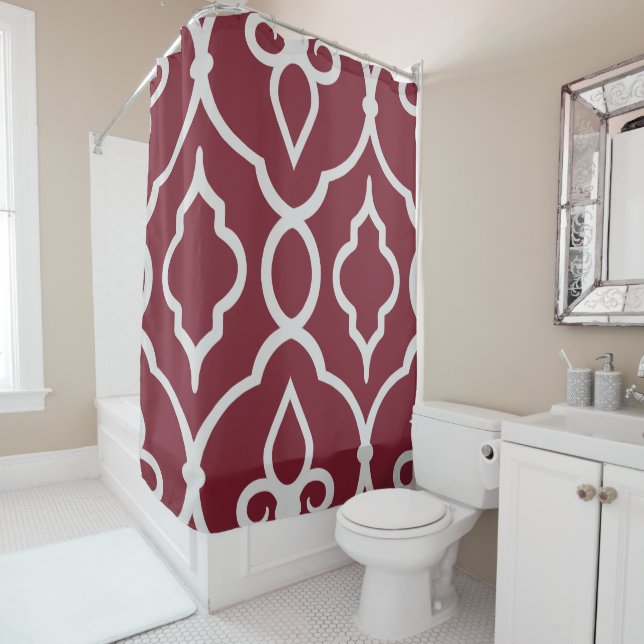 Modern, elegant ornaments in burgundy, light grey shower curtain (In Situ)