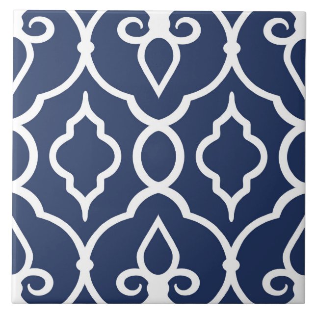 Modern, elegant ornaments in navy blue, white tile (Front)