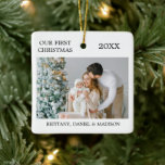 Modern Elegant Our First Christmas Photo Ceramic Ornament<br><div class="desc">Modern Elegant Our First Christmas Ornament - Photo on front and back</div>