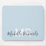 Modern elegant pastel blue monogram script mouse mat<br><div class="desc">Modern elegant pastel blue monogram script mouse pad. Simple,  clean monogrammed personalised desk mouse pad with your initials and name. Font and text colours are fully customisable.</div>