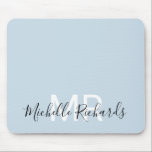 Modern elegant pastel blue monogram script mouse mat<br><div class="desc">Modern elegant pastel blue monogram script mouse pad. Simple,  clean monogrammed personalised desk mouse pad with your initials and name. Font and text colours are fully customisable.</div>