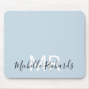 Modern elegant pastel blue monogram script mouse mat