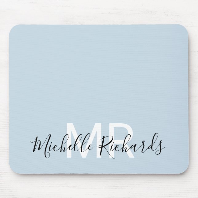 Modern elegant pastel blue monogram script mouse mat (Front)
