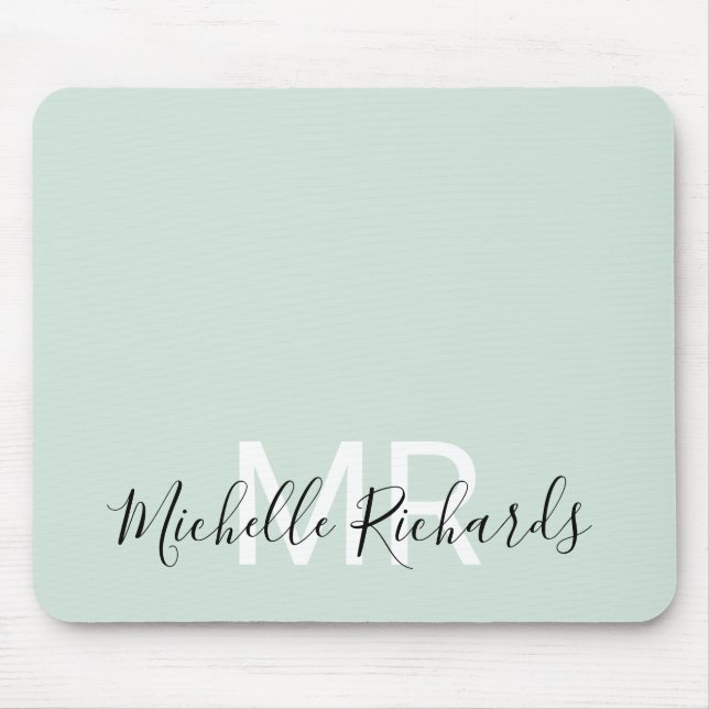 Modern elegant pastel green monogram script mouse mat (Front)
