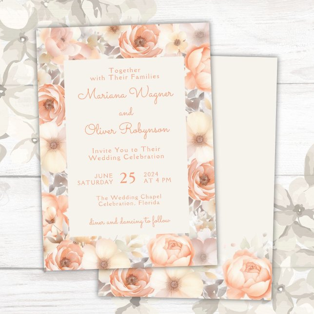 Modern Elegant Peach Beige Floral Wedding Invitation (Creator Uploaded)