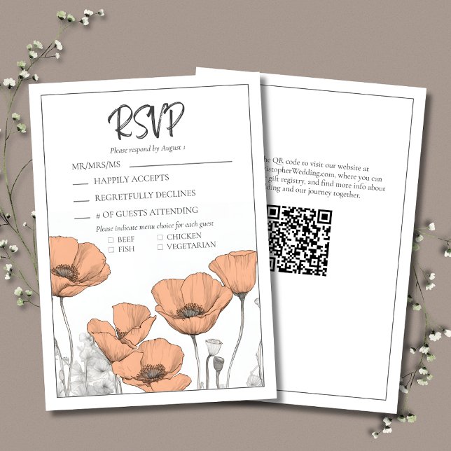 Modern Elegant Peach Floral Poppies Wedding RSVP Card (Peach Floral Wedding RSVP with California Poppies, Modern Typography and QR Code for wedding website)