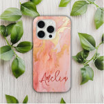 Modern Elegant Peach Gold Marble Personalised Name iPhone 15 Pro Case<br><div class="desc">Modern Elegant Peach Gold Marble Personalised Name iPhone 15 Pro Cases features your personalised name in an elegant calligraphy script typography on a modern peach fuzz and gold marble background. Perfect gift for her for birthday, mum for Mother's Day, sister or bestie for Christmas and holidays. Designed by ©Evco Studio...</div>