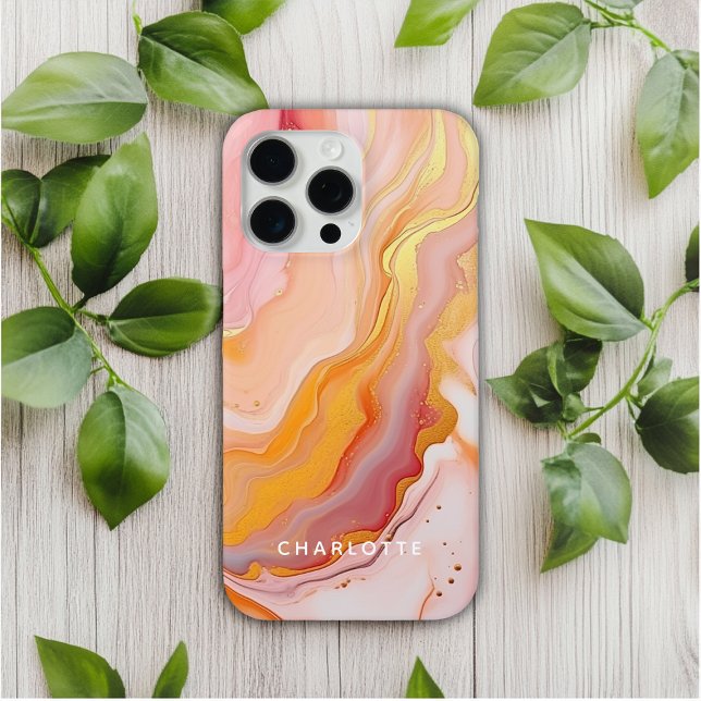 Modern Elegant Peach Gold Marble Personalised Name Case-Mate iPhone Case (Creator Uploaded)