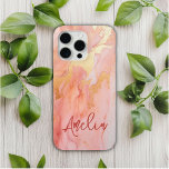 Modern Elegant Peach Gold Marble Personalised Name iPhone 15 Pro Max Case<br><div class="desc">Modern Elegant Peach Gold Marble Personalised Name iPhone 15 Pro Max Cases features your personalised name in an elegant calligraphy script typography on a modern peach fuzz and gold marble background. Perfect gift for her for birthday, mum for Mother's Day, sister or bestie for Christmas and holidays. Designed by ©Evco...</div>