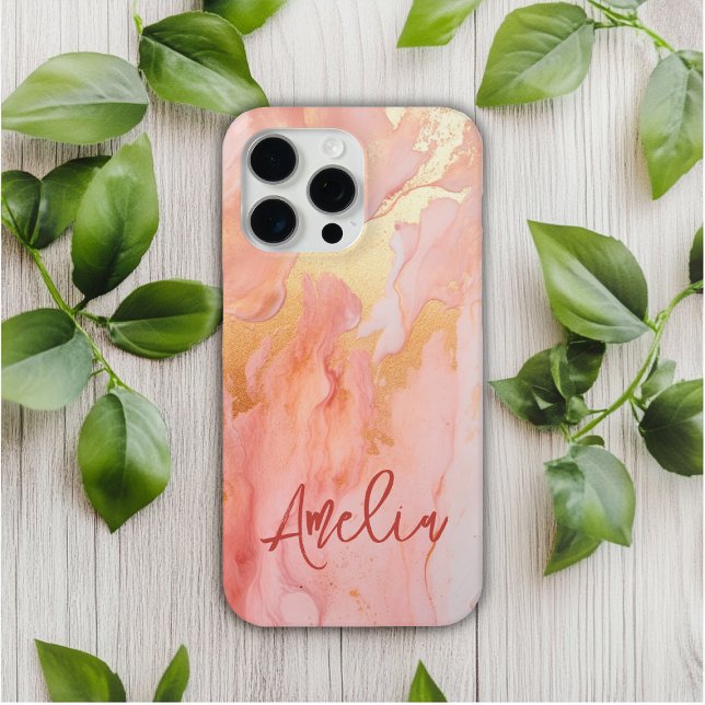Modern Elegant Peach Gold Marble Personalised Name Case-Mate iPhone Case (Creator Uploaded)