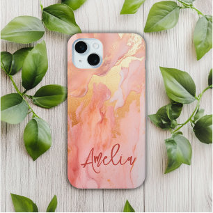 Modern Elegant Peach Gold Marble Personalised Name iPhone 15 Mini Case
