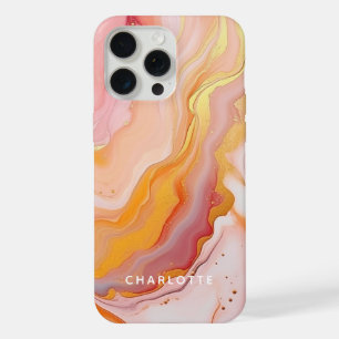 Modern Elegant Peach Gold Marble Personalised Name iPhone 15 Pro Max Case
