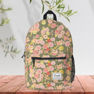 Modern Elegant Peach Pink Floral Monogram Printed Backpack